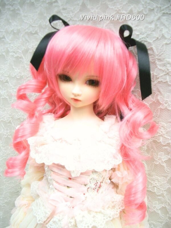 Wig / 9-10 inch / Ribbon Twin-tails Curls Brown (Vivid pink #RD600)